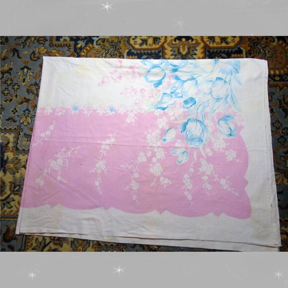Vintage TABLECLOTH is Linen Pink & White & Turquoise 59 x 78" BIG! - Picture 7 of 11